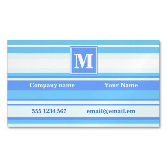 Monogramm Himmelsblau Streifen Magnetische Visitenkarte (Vorderseite)