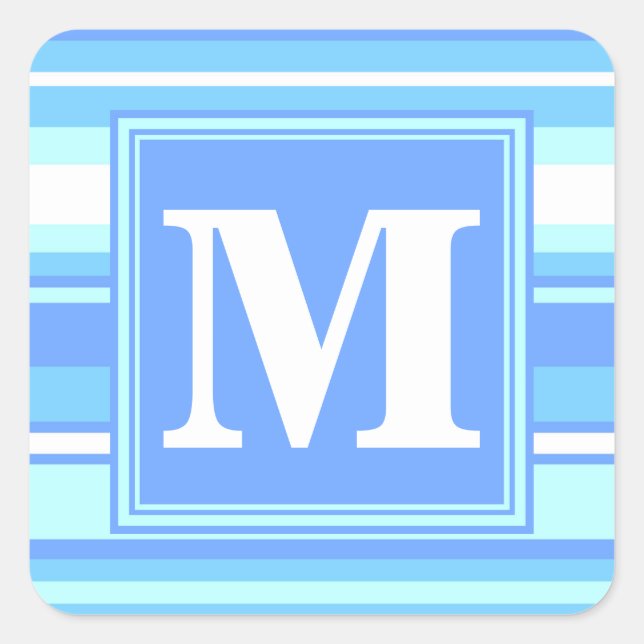 Monogramm Himmelsblau Streifen Quadratischer Aufkleber (Vorderseite)