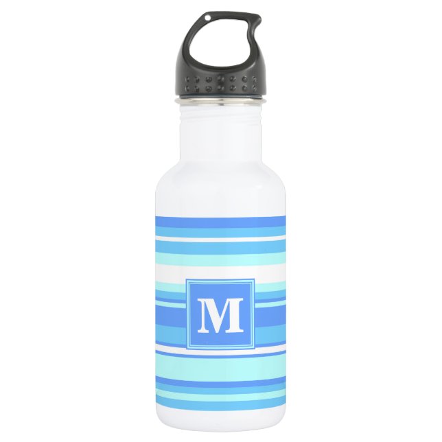 Monogramm Himmelsblau Streifen Trinkflasche (Vorderseite)
