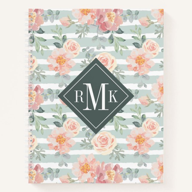 Monogramm hinzufügen | Alicia Rose Streifenmuster Notizbuch (Vorderseite)