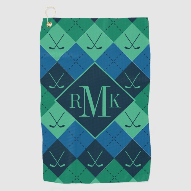 Monogramm hinzufügen | Blaue und grüne Raute Golfhandtuch (Vorderseite)