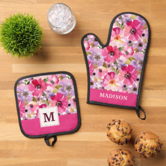 Monogramm hinzufügen | Sommerfarbenflora Ofenhandschuh & Topflappen-Set