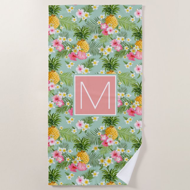 Monogramm hinzufügen | Tropische Blume und Ananas Strandtuch (Vorderseite)