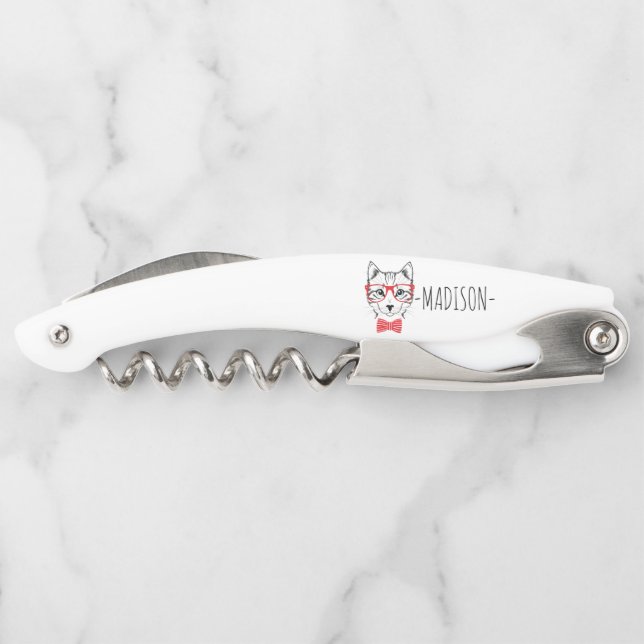 Monogramm Hipster Katze mit Extravagantem Rotem Bo Kellnermesser (Rückseite)