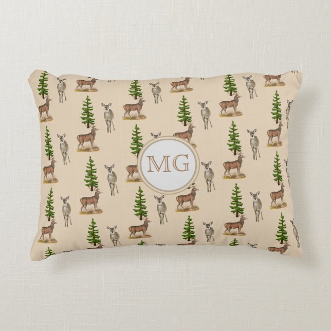 Monogramm-Hirsch-Muster Beige Dekokissen (Vorderseite)