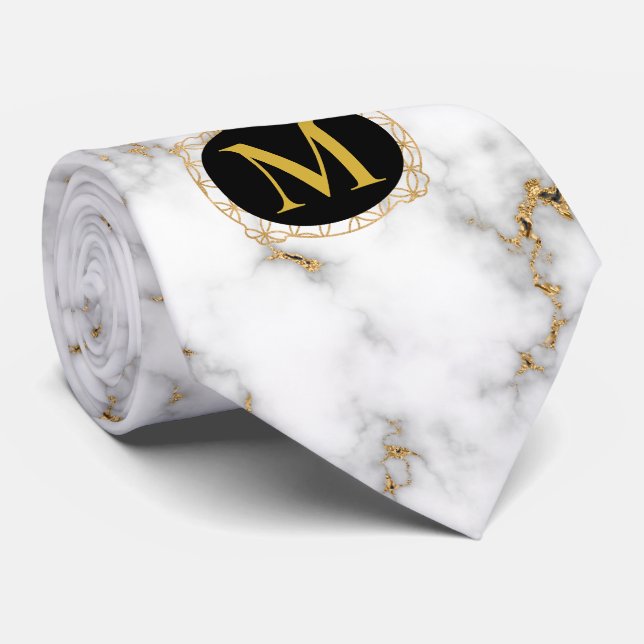 Monogramm-Hochzeit aus weißem Marmor, grau und gol Krawatte (Gerollt)