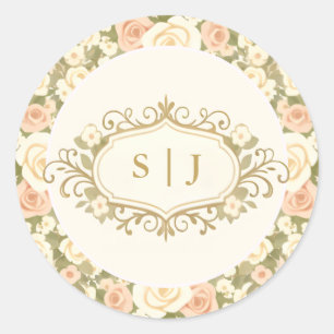 Monogramm Hochzeit in Altem Elfenbein Runder Aufkleber