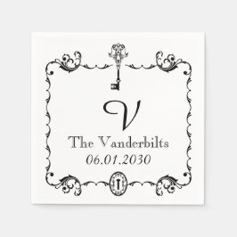 Monogramm-Hochzeit mit schwarzem und weißem Schlüs Serviette