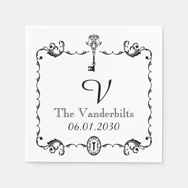 Monogramm-Hochzeit mit schwarzem und weißem Schlüs Serviette (Vorderseite)
