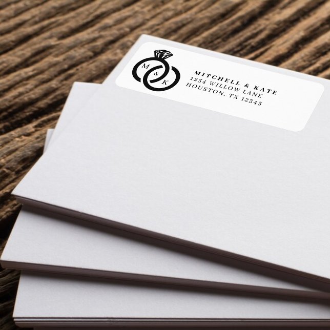 Monogramm-Hochzeit mit weißem und schwarzem Diaman (White & Black Diamond Ring Monogram Wedding Label)