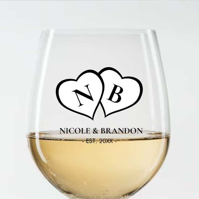 Monogramm-Hochzeit mit weißem und schwarzem Herz Weinglas Ohne Stiel (White & Black Heart Monogram Wedding Stemless Wine Glass)