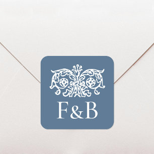 Monogramm Hochzeit Ornament Blumen Blau Quadratischer Aufkleber