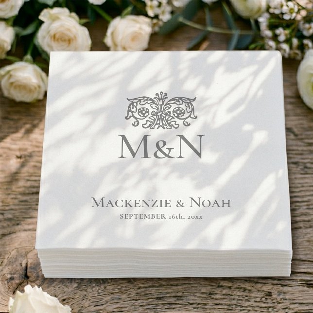 Monogramm Hochzeit Ornament Blumen Grau Papier Serviette (Von Creator hochgeladen)