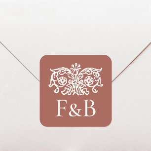Monogramm Hochzeit Ornamentale Blumige Terrakotta Quadratischer Aufkleber