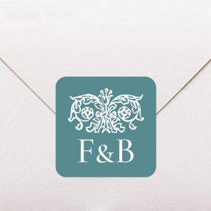 Monogramm Hochzeit Ornate Blumen Teal Grün Quadratischer Aufkleber