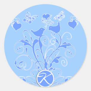 Monogramm-Hochzeit-Vögel-Herzen-Schwünge Blau Runder Aufkleber