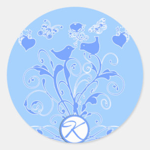 Monogramm-Hochzeit-Vögel-Herzen-Schwünge-Puderblau Runder Aufkleber