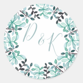 Monogramm-Hochzeit von Aquarellfarben-Blätter Runder Aufkleber