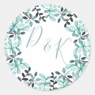 Monogramm-Hochzeit von Aquarellfarben-Blätter Runder Aufkleber