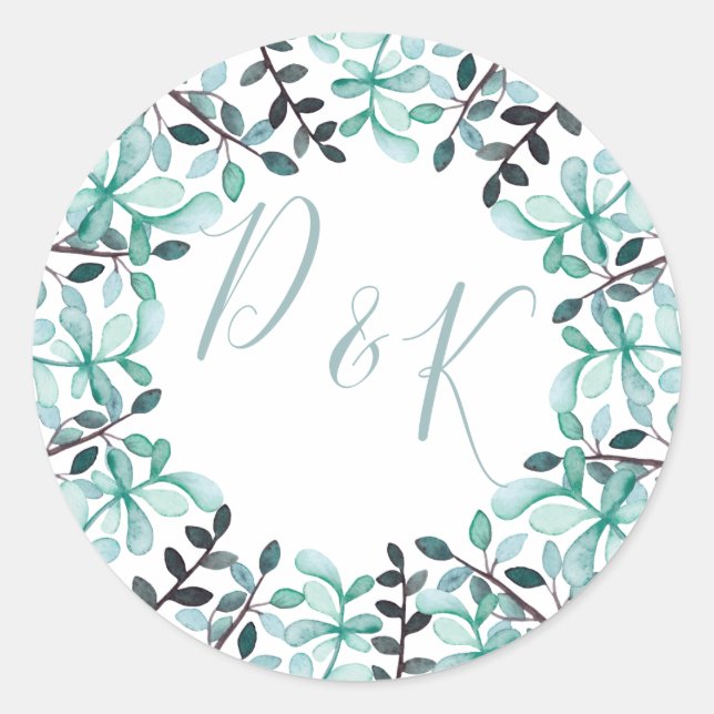 Monogramm-Hochzeit von Aquarellfarben-Blätter Runder Aufkleber (Vorderseite)