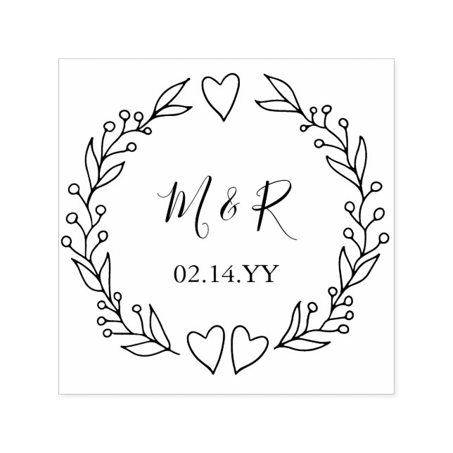 Monogramm Hochzeitdatum Doodle Botanischer Kranz Permastempel (Design)