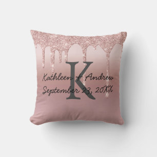 Monogramm Hochzeitdatum Rose Gold Tropfen Glitzer  Kissen
