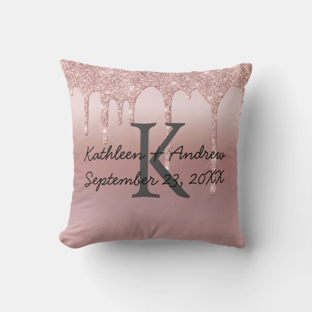 Monogramm Hochzeitdatum Rose Gold Tropfen Glitzer  Kissen (Vorderseite)
