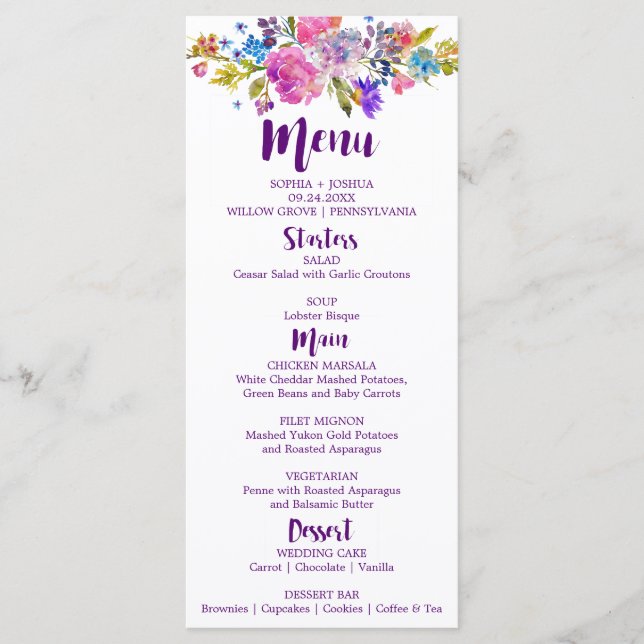Monogramm-Hochzeitkarte für lila und rosa Blume Menükarte (Vorderseite)