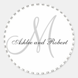 Monogramm-Hochzeits-Aufkleber Silber Perle Weiß Runder Aufkleber