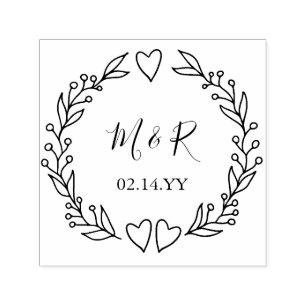 Monogramm-Hochzeitsdatum-Doodle-Blumenkranz Permastempel