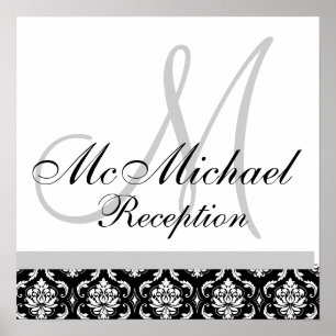 Monogramm-Hochzeitsempfang für Schwarz-Weiß-Damast Poster