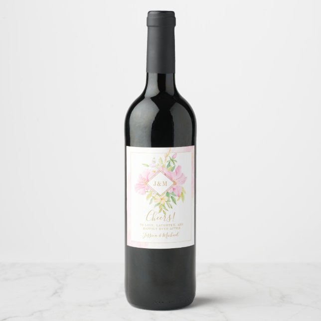 Monogramm-Hochzeitslogos für Wasserfarben Rosa Blä Weinetikett (Vorderseite)