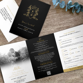 Monogramm Hochzeitsmahlzeit in Schwarzgoldkronen U Dreifach Gefaltete Einladung