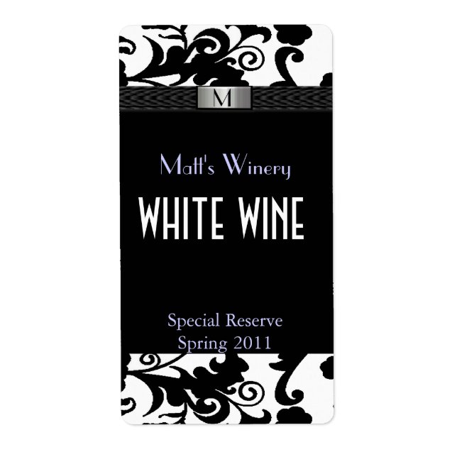 Monogramm-Hochzeitsmarken für Schwarz-Weiß-Damask (Vorne)