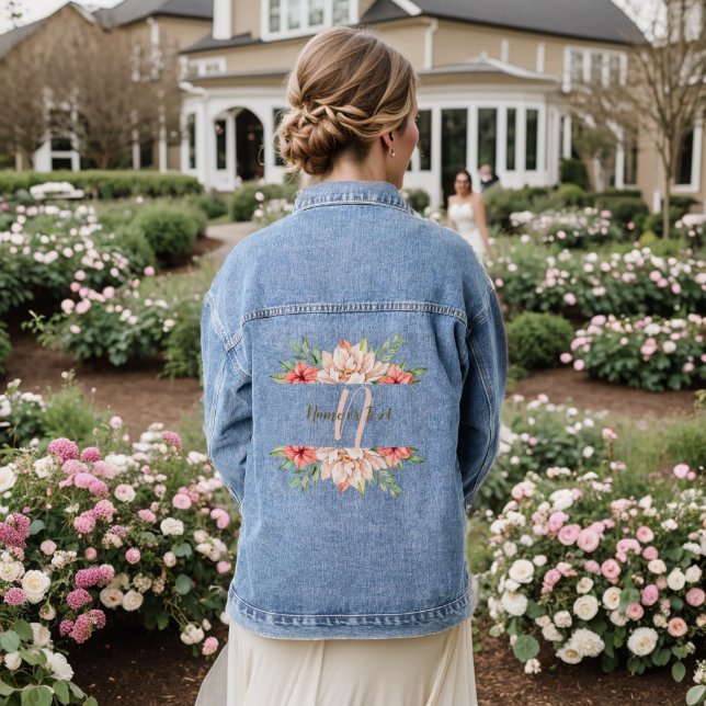 Monogramm Hochzeitspfirsich Orange Floral Jeansjacke (Hochzeit Rückseite)