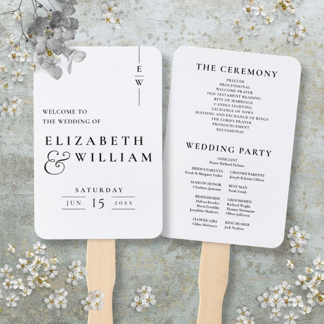 Monogramm-Hochzeitsprogramm für Schwarz und Weiß Fächer (Black And White Elegant Monogram Wedding Program Hand Fan)