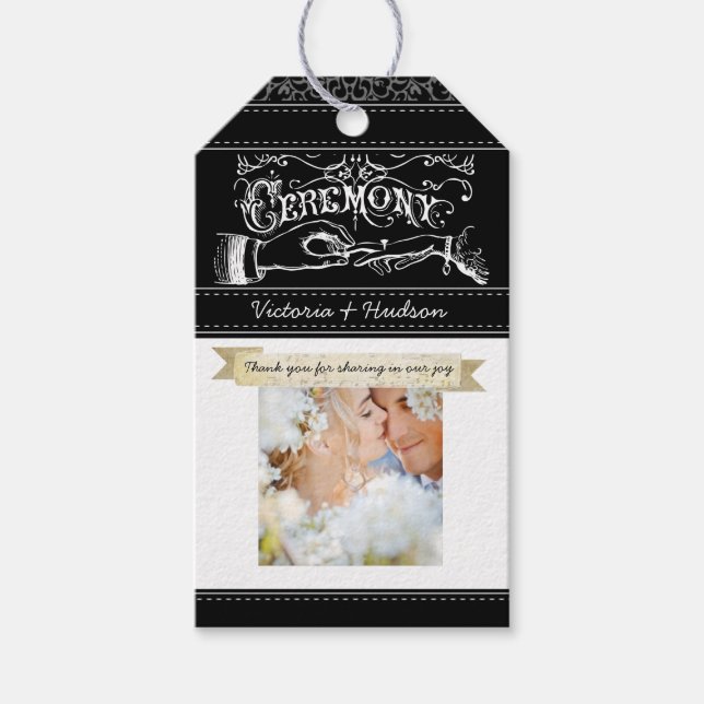 Monogramm-Hochzeitstich-Foto-Neutral-Damaskus-Must Geschenkanhänger (Vorderseite)