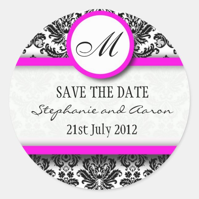 Monogramm-Hochzeitsticker für Schwarz-Rosa Damask Runder Aufkleber (Vorderseite)