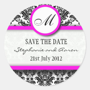 Monogramm-Hochzeitsticker für Schwarz-Rosa Damask Runder Aufkleber