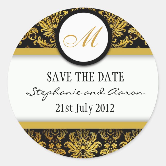 Monogramm-Hochzeitsticker für Schwarz und Gold Dam Runder Aufkleber (Vorderseite)