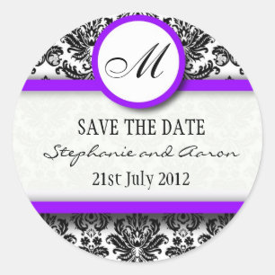 Monogramm-Hochzeitsticker für Schwarz und Lila Dam Runder Aufkleber