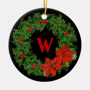 Monogramm Holly Wreath auf schwarz - 2 Seiten Keramikornament