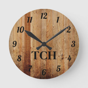 Monogramm Holz Rustikal Landhaus Braun Schwarz Runde Wanduhr