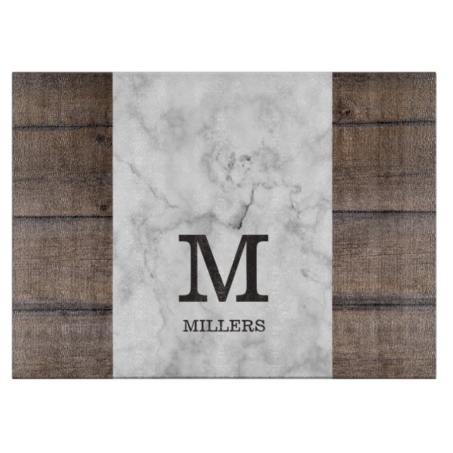 Monogramm Holz und Marmor mit personalisiertem Fam Schneidebrett (Vorderseite)