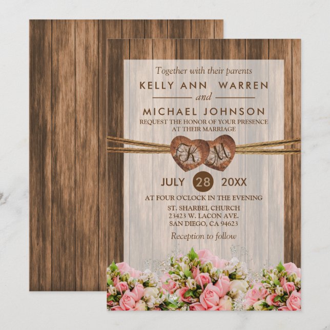 Monogramm Holzherzen mit rosa und weißen Rosen Einladung (Vorne/Hinten)