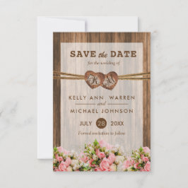 Monogramm Holzherzen mit rosa und weißen Rosen Save The Date