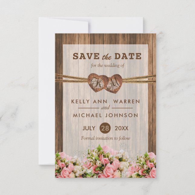 Monogramm Holzherzen mit rosa und weißen Rosen Save The Date (Vorderseite)