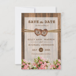 Monogramm Holzherzen mit rosa und weißen Rosen Save The Date