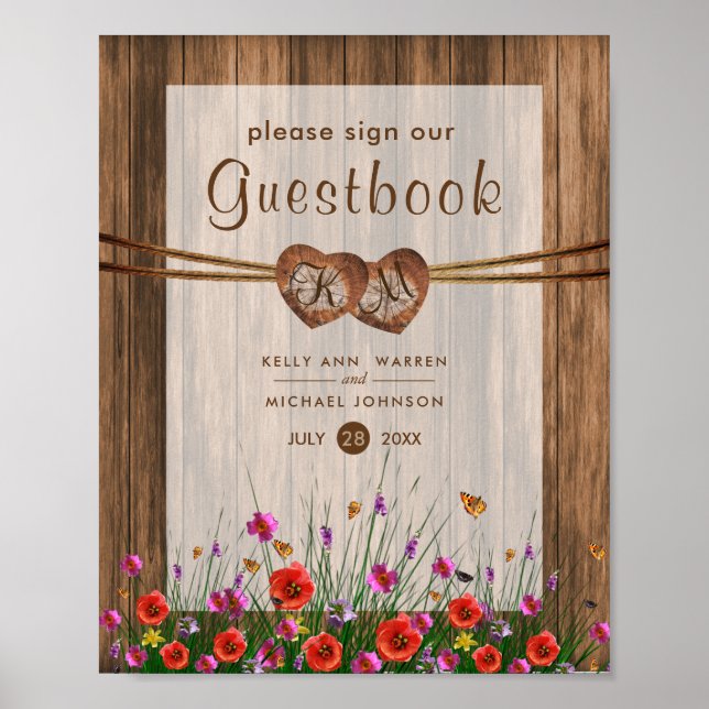 Monogramm Holzherzen mit Wildblumen Poster (Vorne)