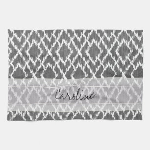 Monogramm Holzkohlegrau tribaler Ikat-Diamantmuste Küchentuch